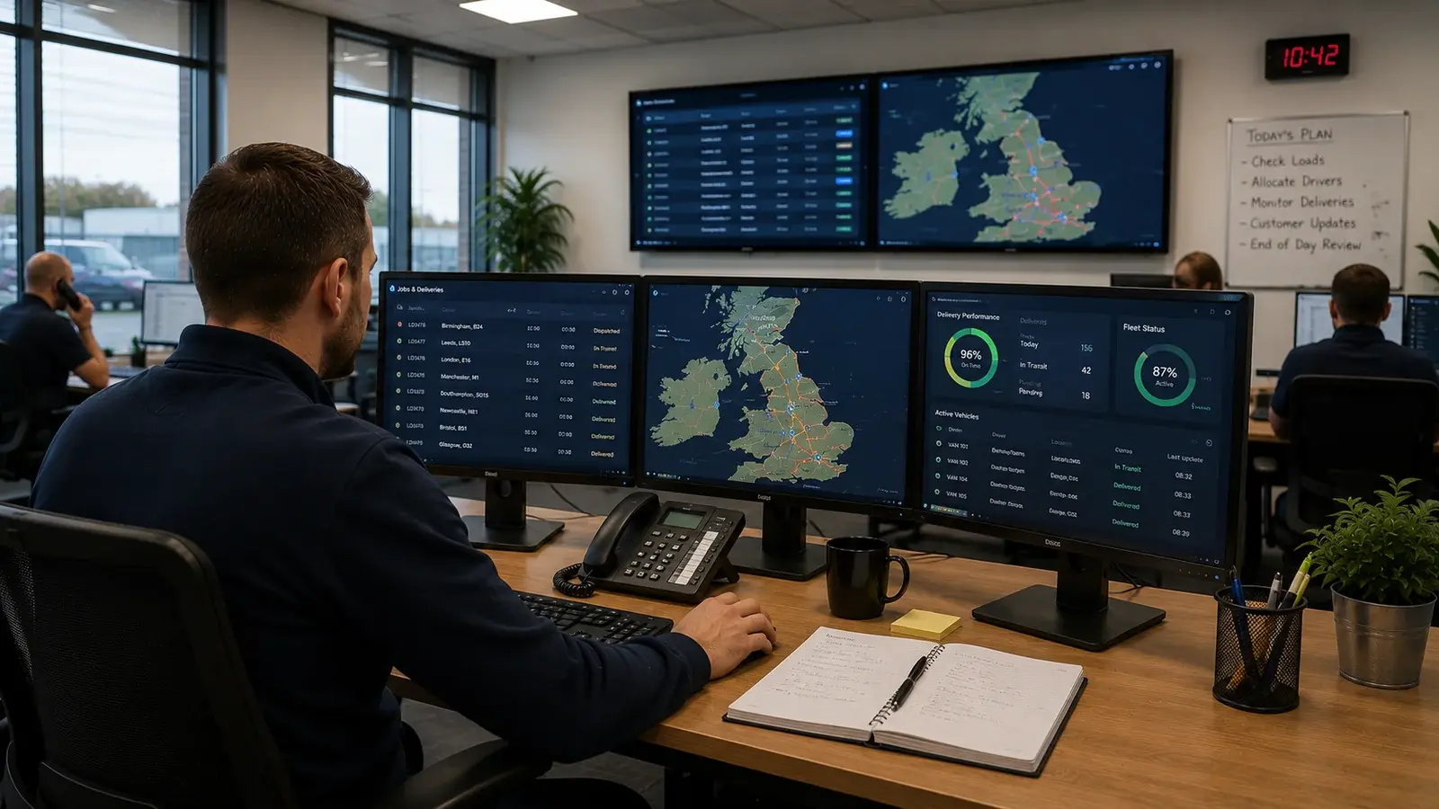Operations diary workspace showing dispatch coordination, scheduled jobs and live status updates