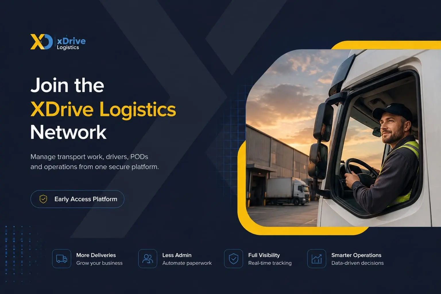 XDrive platform preview showing early-access workspace concepts for marketplace, operations and driver workflows